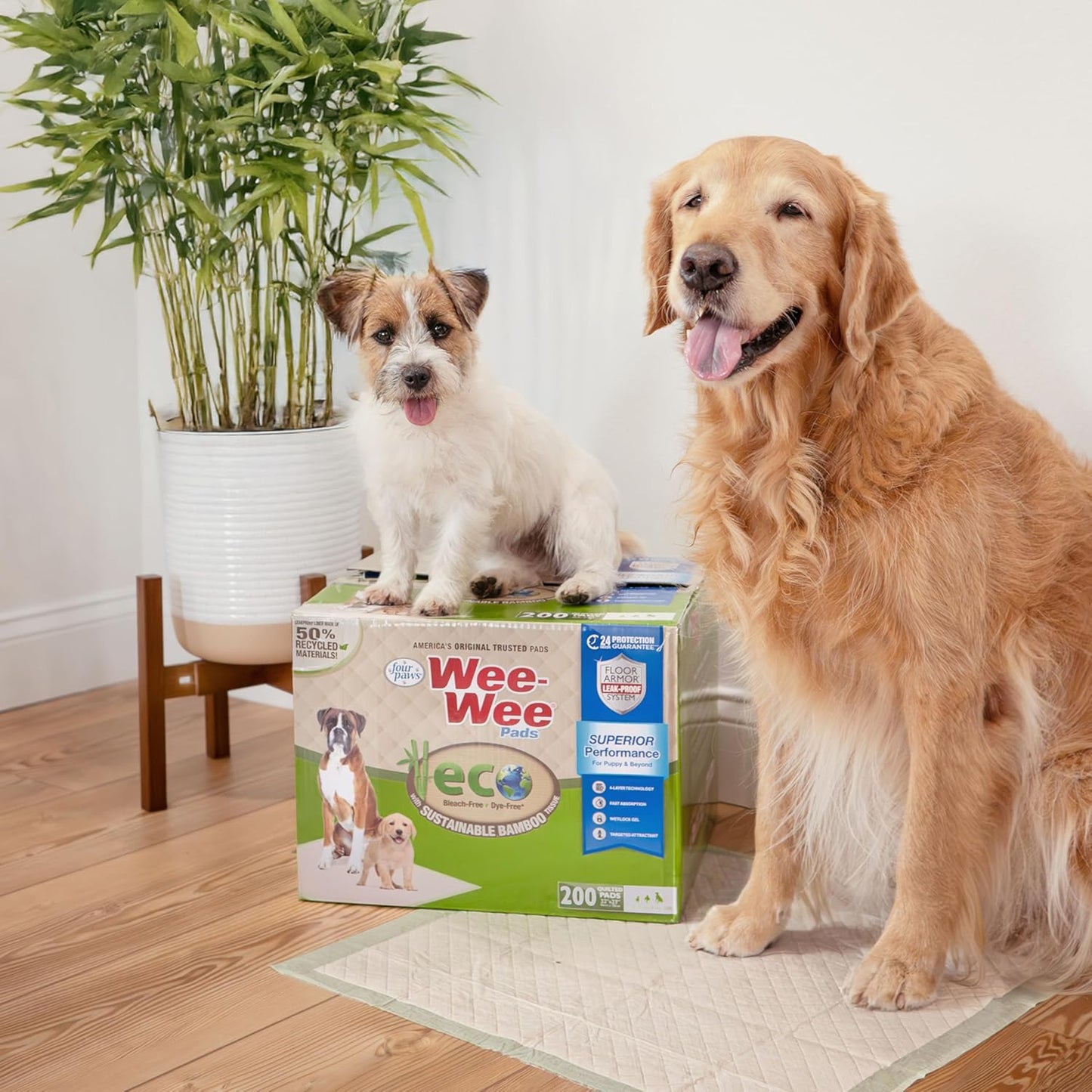 Four Paws Wee-Wee Superior Performance Bamboo Pee Pads for Dogs, Earth Friendly Dog & Puppy Potty Training Pads, Crate Liners, Housebreaking Supplies, 22" x 23" (50 Count)