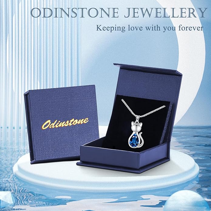 Odinstone Cat Birthstone Necklaces Jewelry Sterling Silver Cat Pendant Necklace Gift for Women Gifts, 18'' Silver Box Chain Women's Birthstone Crystal Cat Jewelry Gifts