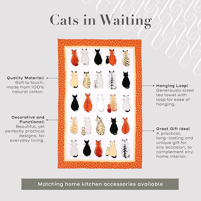 Ulster Weavers Cats in Waiting Tea Towel, 100% Cotton - with Cute Orange Cat Animal Hand Drawn Design - Kitchen and Cooking Gifts for Bakers & Chefs - Homeware & Kitchenware Range