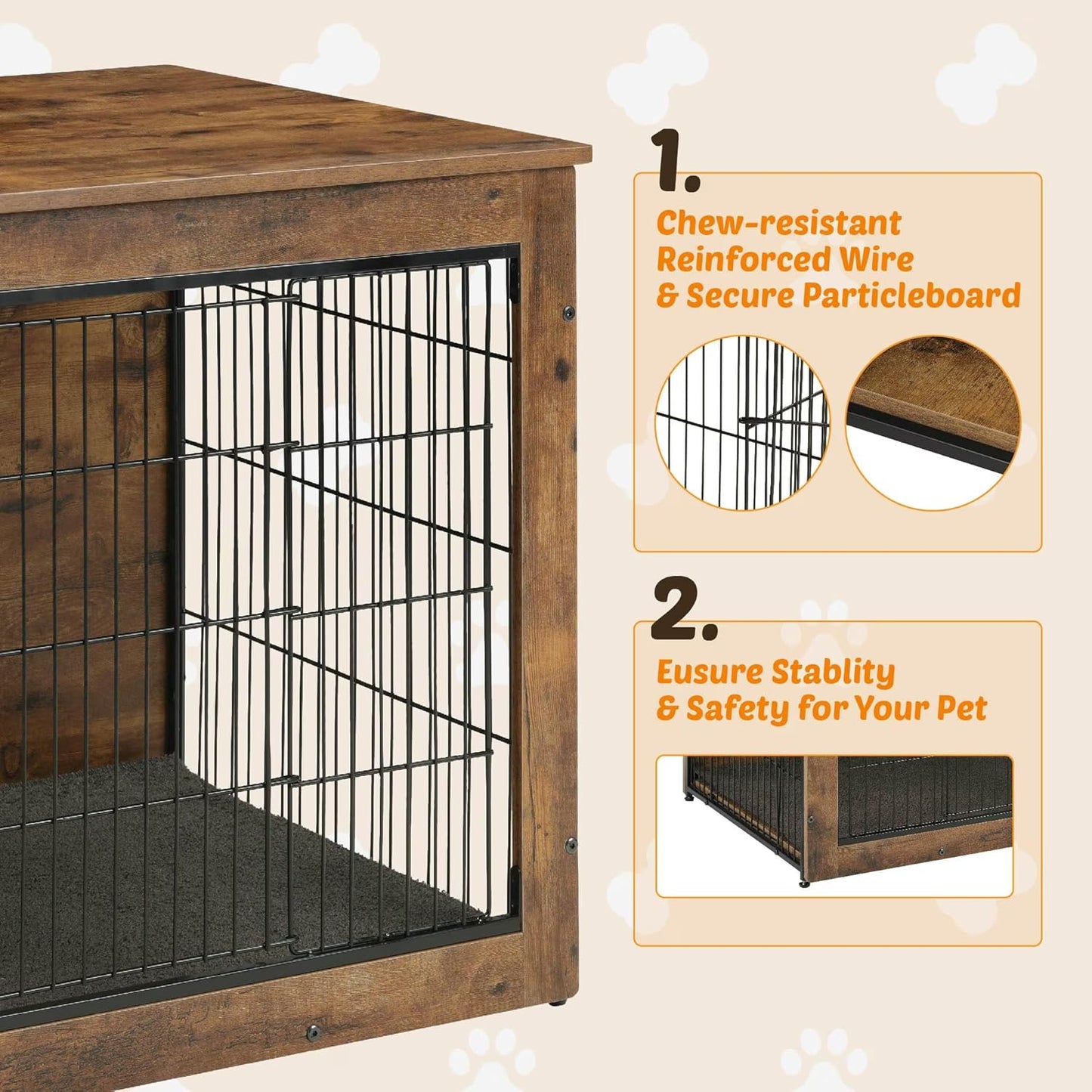 Dog Kennel Furniture, Wooden Dog Crate End Table with Dual Doors, Chew-Proof Design & Cushion, Heavy Duty Dog Crate, Decorative Pet Crate Dog Cage for Indoor (27 Inch)