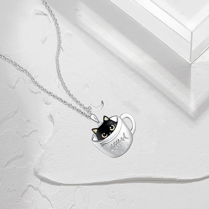 Black Cat and Moon Silver Pendant Necklace for Women - Cat Lover Jewelry Gift for Birthday Party