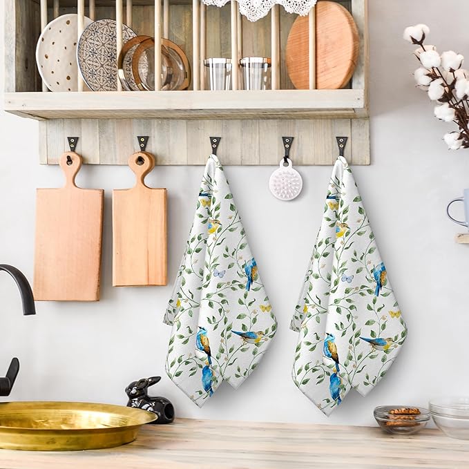 Blue Birds Kitchen Towels Sets of 2, Cute Botanic Absorbent Decorative Dish Towels Tea Towels Hand Towels for Kitchen Farmhouse Bar,Gifts for Bird Lovers,Kitchen Decor Accessories