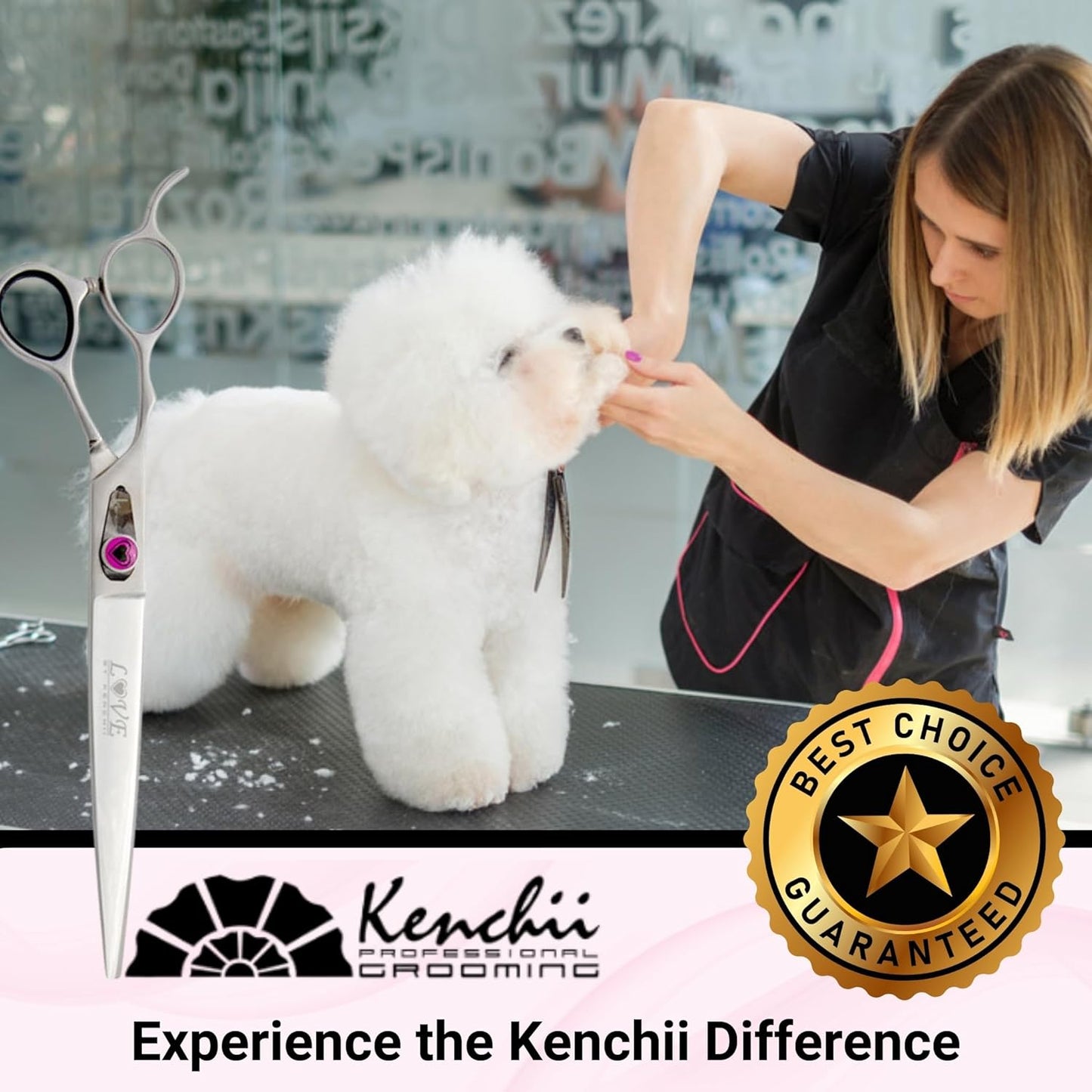 Kenchii Love Left Handed Dog Grooming Scissors, 8 Inch Straight Shears, Dog Scissors for Grooming, Professional Pet Grooming Scissors, Ergonomic & Comfortable