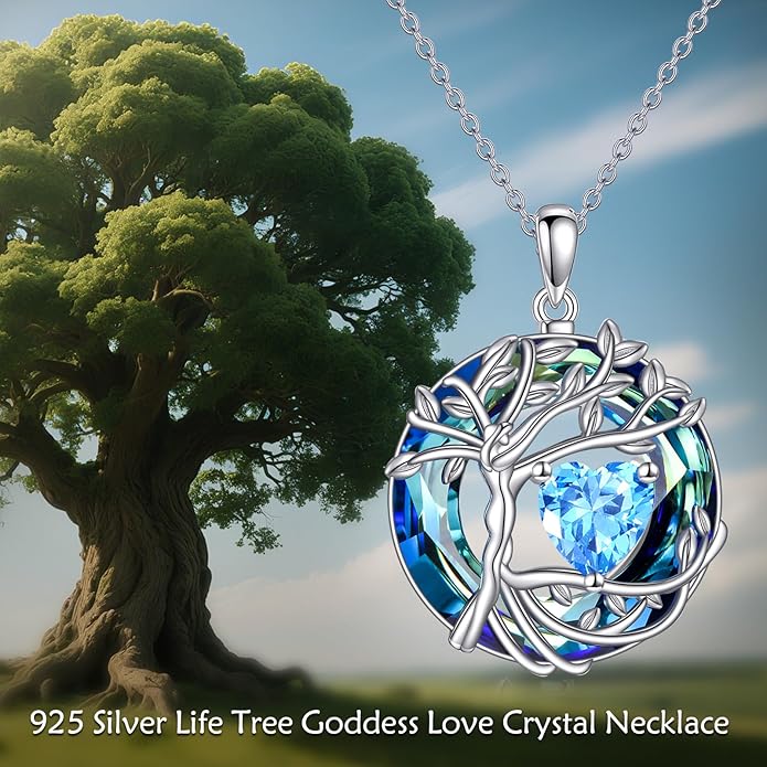 Tree of Life Necklace Sterling Silver Sister Pendant Blue Crystal Jewelry Gift for Women
