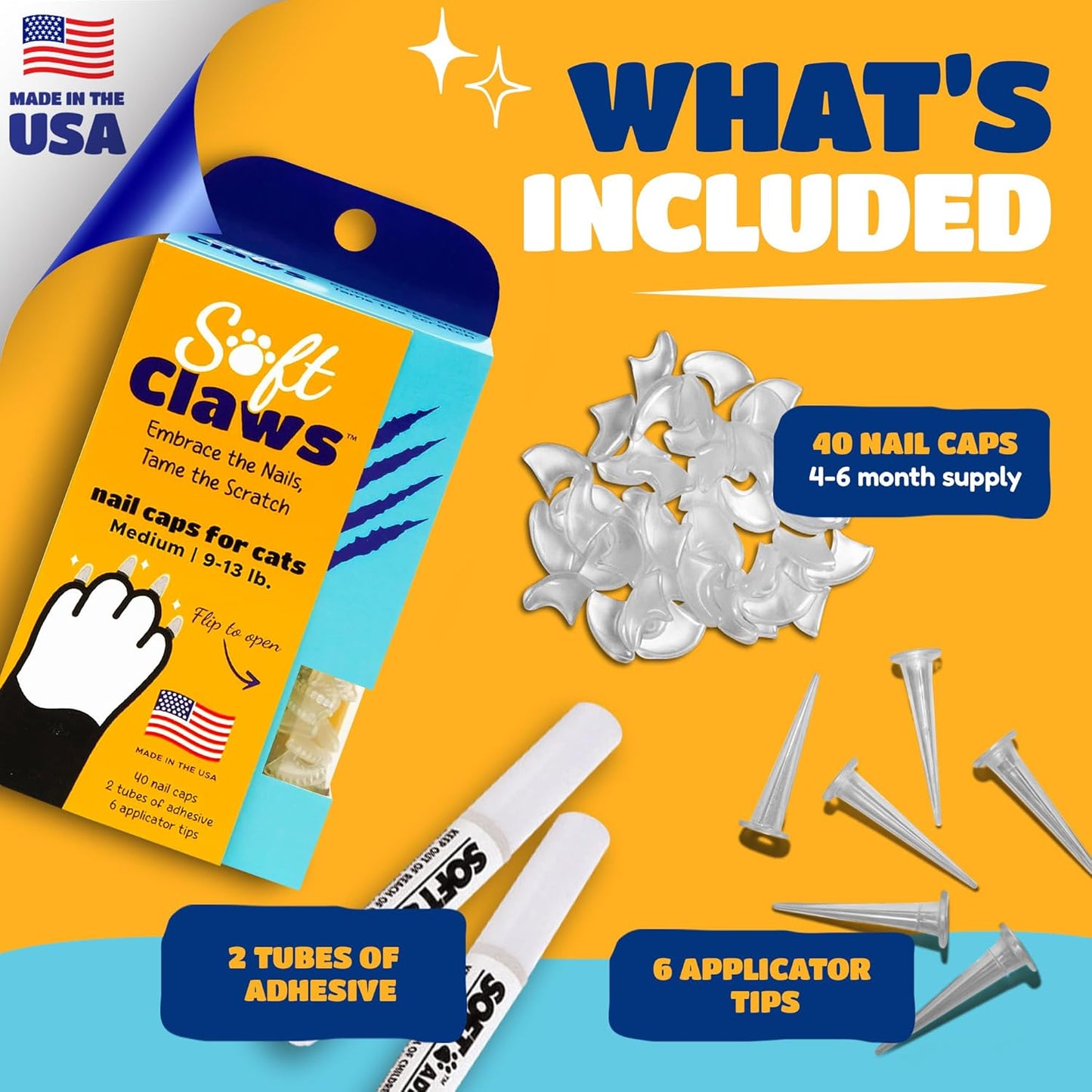 Soft Claws Cat Nail Caps for Medium Cats – (40 Caps, Black & Gold) - Made in USA - Veterinarian-Developed | Protects Furniture & Skin - Easy to Apply, Long-Lasting Anti-Scratch Soft Cat Claw Covers