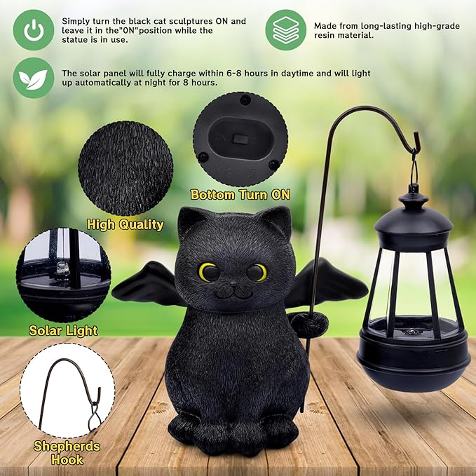 Solar Garden Statue Cat Figurine, Angel Black Cat Statues Garden Decor with LED Light Outdoor Statue for Patio Balcony Lawn Ornament, Housewarming Garden Gifts for Mom Dad Grandma