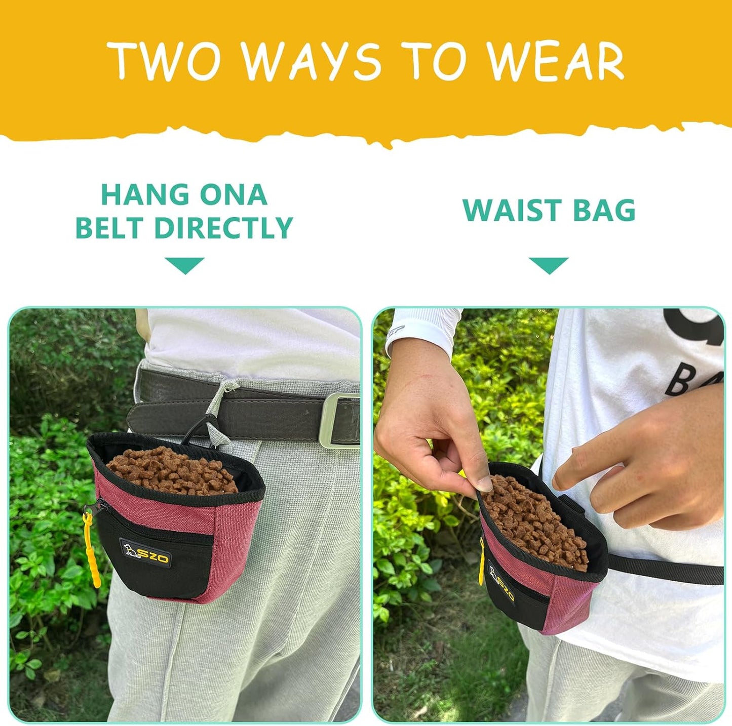 SZO Dog Treat Pouch with Pet Training Clicker, Dog Training Treat Pouch with Waist Belt Clip, Magnetic Closure, Hands-Free Training - Black&Red