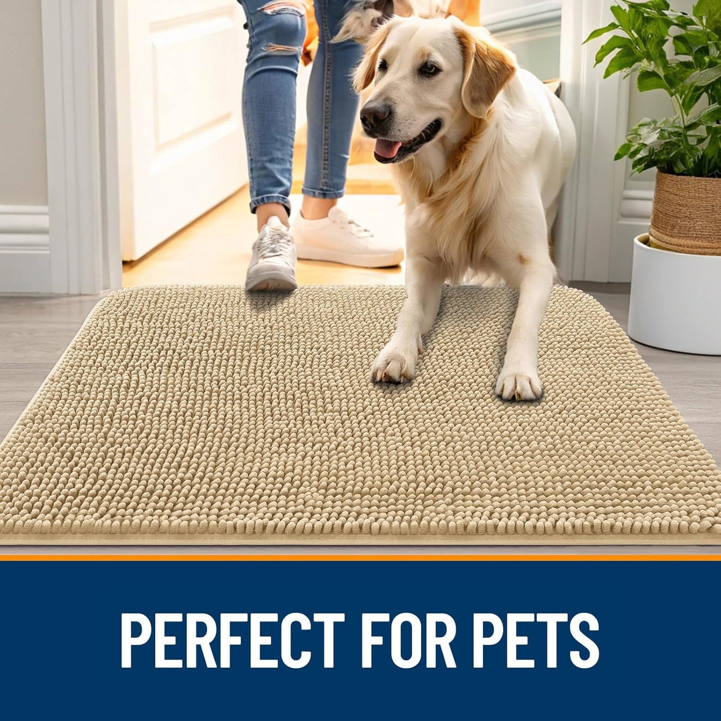 OLANLY Dog Door Mat for Muddy Paws 34x21, Absorbs Moisture and Dirt, Absorbent Non-Slip Washable Doormat, Quick Dry Chenille Mud Mat for Dogs, Entry Indoor Entryway Carpet for Inside Floor, Beige