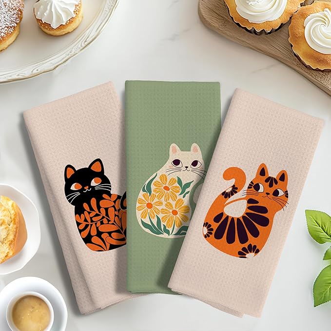 Cat Kitchen Towels - Cat Mom & Lady Gifts, 16x24 Inch Set of 3 Hand & Dish Tea Towels