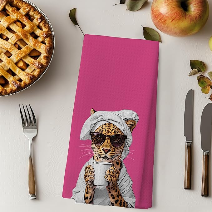 Trendy Sunglasses Leopard Hand Towels for Bathroom Decor, Hot Pink Maximalist Cheetah Dish Tea Towels for Kitchen Decor, Leopard Drinking Coffee Kitchen Towels,16x24 Inches
