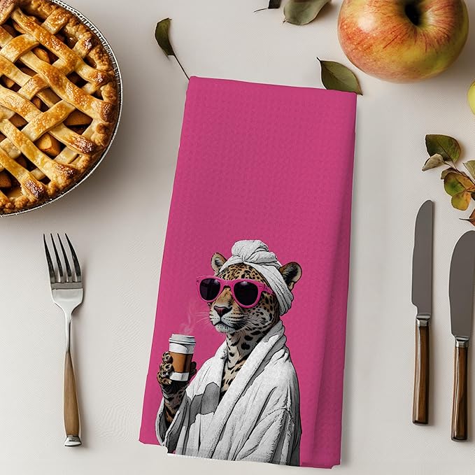 Trendy Sunglasses Leopard Hand Towels for Bathroom Decor, Leopard Drinking Coffee Kitchen Towels, Hot Pink Maximalist Cheetah Dish Tea Towels for Kitchen Decor, 16x24 Inches