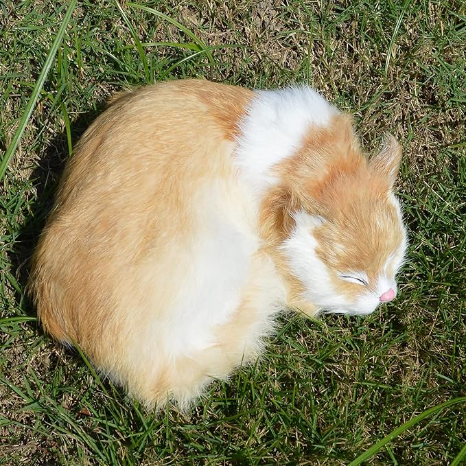 Realistic Furry Sleeping Cat Figurine Simulation Kitty Lifelike Kitten Home Office Shelf Decorative Statue, Synthetic Fur Pet Replica (Orange)