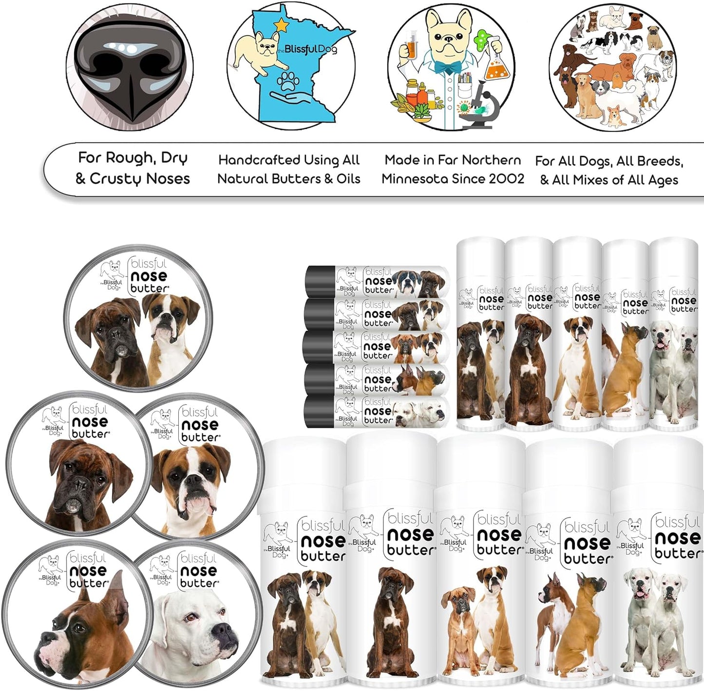 The Blissful Dog Fawn Boxer Nose Butter for Dry, Cracked Skin, Lick-Safe Dog Nose Balm with Moisturizing Shea Butter, Almond, Olive, and Essential Oils, Pet Supplies, Uncented, 0.15 oz.