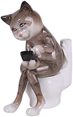 Pacific Giftware Lazy Cat Figurine, Hiding Inside The Restroom to Play with Cell Phone on Top of Toilet