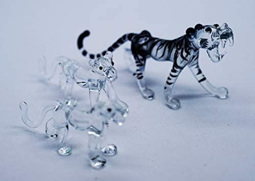 ChangThai Design Tiny 3½" Clear Black Striped Roaring Tiger Figurine - Miniature Hand Blown Glass Tigers Wild Cats Wildlife Felidae Animal Crystal Decorative Figure Collectible Figurines Décor Gifts