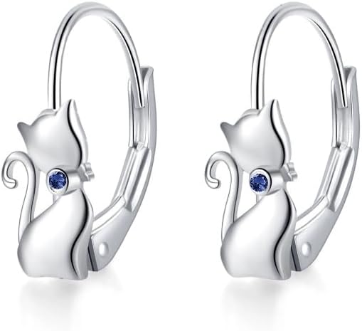 Cat Gifts Earrings Sterling Silver Cute Small Animal Cats Dangle Leverback Jewelry Gifts for women cat Lovers
