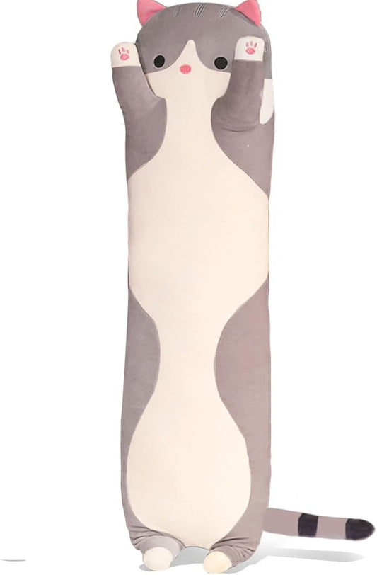 Grey Cat Long Plush Pillow Cat Stuffed Animals Soft Sleeping Throw Pillow Doll ((Grey,19inches)