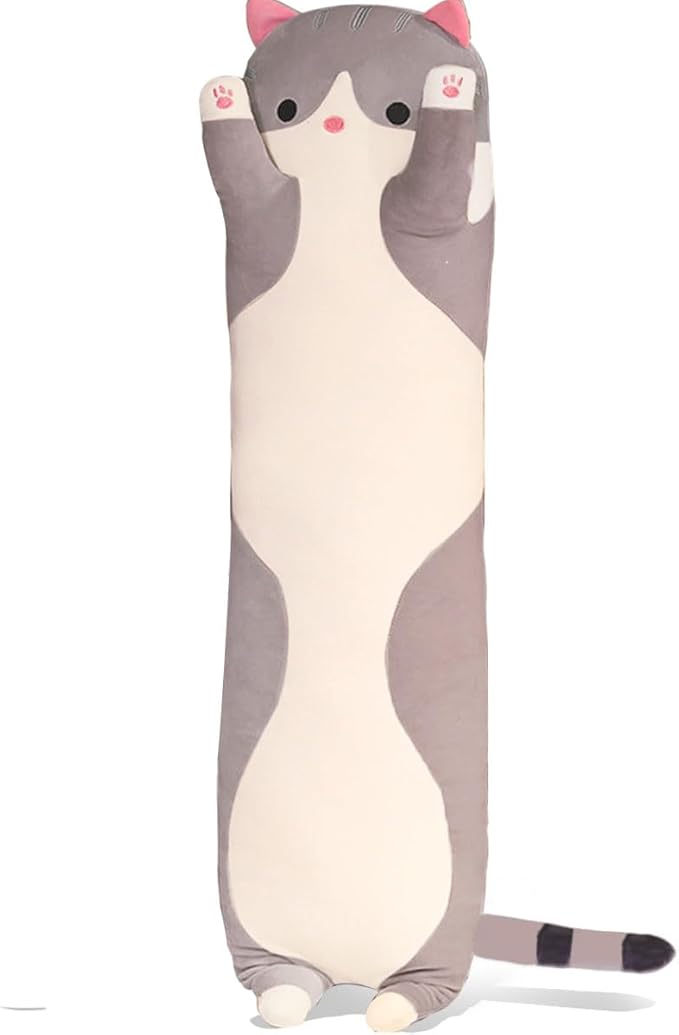 Grey Cat Long Plush Pillow Kitty Stuffed Animals Soft Sleeping Throw Pillow Doll Toy (Grey,27inches)