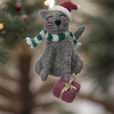 The Bridge Collection Santa Cat Wool Figurine - Wool Christmas Decor - Home for The Holidays - Christmas Cat Figurine