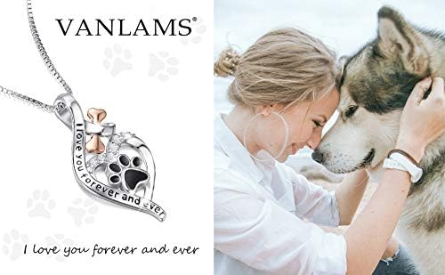 VANLAMS Womens 925 Sterling Silver Bone Love Heart Dog Paw Print Pendant Necklace I Love You Forever and Ever, Gifts for Dog Owner