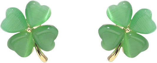 Green Cat Eye's Clover Flower Earrings for Women Girls 925 Sterling Silver Post Pin Hypoallergenic Lucky Love Heart 4 Leaf Petal Small Cute Studs Earring Dainty Gifts for Mother Sister Aunt