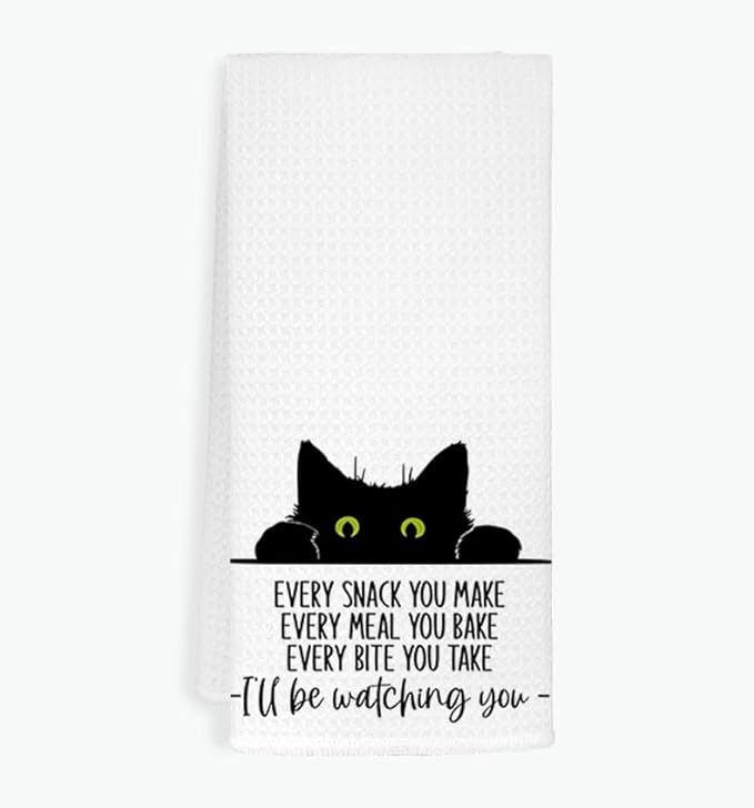 EXUQO Funny Cat Kitchen Towels - Black Cats Hand & Dish Towel Set, Housewarming Gift (White)