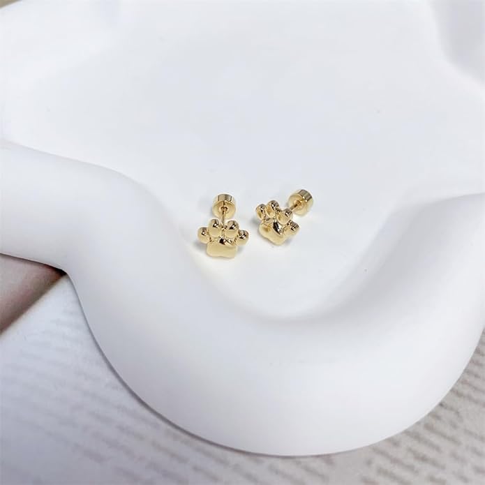 Cute 20g Paw Dog Cat Print Screw Flat Back Small Stud Earrings for Women Teen Girls Simple Stainless Steel Silver Gold Plated Animal Cartilage Tragus Piercing Little Studs Hypoallergenic Fashion Jewelry Birthday Gift
