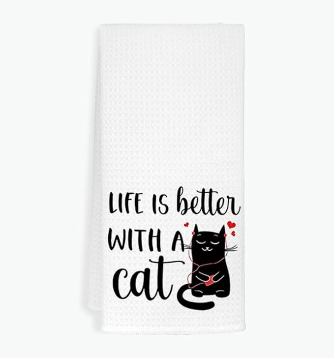 EXUQO Cat Mom Gifts - Funny & Cute Cat Dish Towels, Decorative Hand Towels for White Kitchen