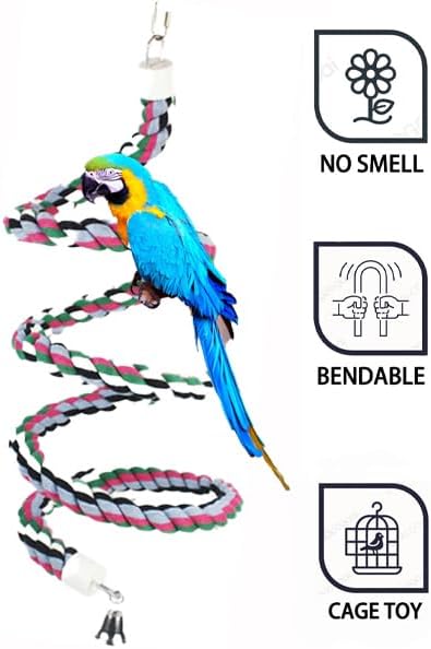 65 inch Length Colorful Cotton Bendable Rope Perch Swing Bird Chew Toys Amazon Parrots Cage Toys with Bell Swing Climbing Standing Bungee Bird Toys for Large to Regular Birds