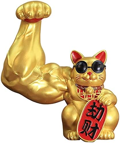 Muscle Arm Cat Figurine Lucky Cat Statue Wealth Good Luck Statue Feng Shui Office Decoration for Home Hotel Ornament - Golden Robbery