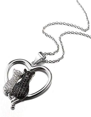 Cat Necklaces 925 Sterling Silver Jewelry Cute Double Two-Tone Cat Pendant Cubic Zirconia Necklace Rolo Chain,Eternal Love Heart Necklace for Women,Girls
