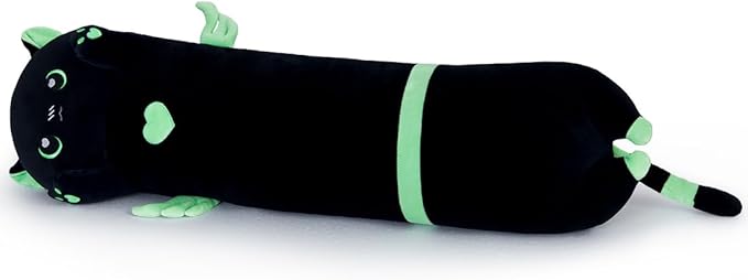 Long Cat Plush Body Pillow, Cute Cat Plush Toy Pillows with Wings, Stuffed Animals Kitten Soft Plushies Gifts for Kids Girls Girlfriend(AngelCat Green, 27.6in/70cm)