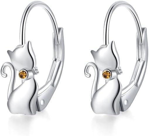 Cat Gifts Earrings Sterling Silver Cute Small Animal Cats Dangle Leverback Jewelry Gifts for women cat Lovers