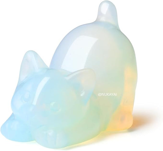 Opal Opalite Cat Crystal Statue Stone Carved Figurines for Lazy Cat Healing Crystals Spiritual Sculpture Desk Office Room Home Decoration Lucky Kitten Gifts for Cat Lovers Women Men