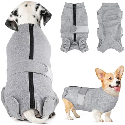Lukovee Recovery Suit for Dogs, Zipper On Recovery Suit for Female Male Dog, Onesie Abdominal Wounds Cone E-Collar Alternative Prevent Licking Spay Recovery Suit (M,GY)