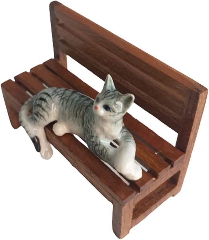 Ceramic Cat Figurine Relaxed Gray Tabby Porcelain Kitten Adorable Pet Kitty Collectible Miniatures Hand Painted Animal with Bench Home Decor or Gift