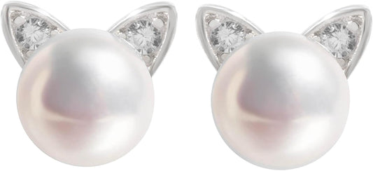 S.Leaf Cat Earrings Pearl Earrings Sterling Silver Earrings for Women Cat Memorial Gifts Cat Gifts for Cat Lovers Cat Jewelry for Women
