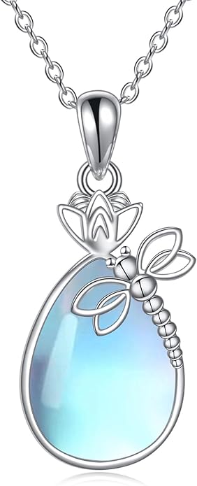 CRMAD Daisy/Black Cat/Dragonfly/Daffodil/Hummingbird/Stingray/Phoenix Feather/Rose Necklace Sterling Silver Moonstone Teardrop Pendant Necklace Flower Animal Jewelry Gifts for Women