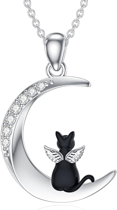 Diamond Moon and Cat Necklace for Women 925 Sterling Silver Cat Angel on the Moon Pendant with Lab Grown Diamonds Cat Angel Memorial Jewelry Gifts for Cat Lover