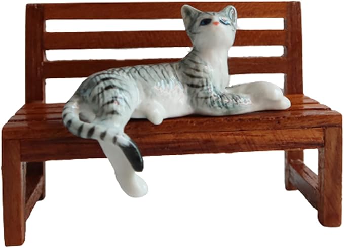 Ceramic Cat Figurine Relaxed Gray Tabby Porcelain Kitten Adorable Pet Kitty Collectible Miniatures Hand Painted Animal with Bench Home Decor or Gift