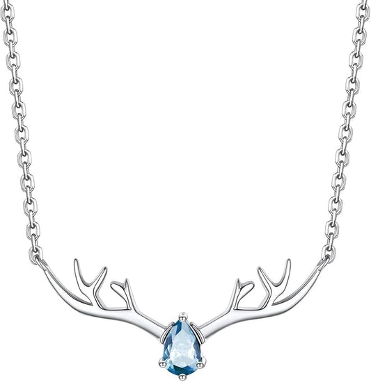 Silvora 925 Sterling Silver Deer Antler Necklace, Antler Deer Jewelry Antler Pendant Choker Birthstone Necklace Christmas Jewelry for Women