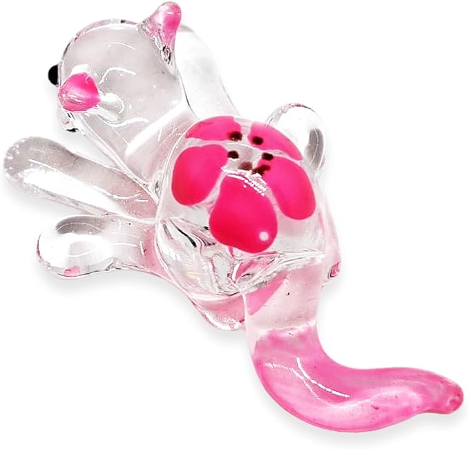 Tiny 1¾" Clear Pink Flowered Lying Prone Cat Figurine Miniature Hand Blown Glass Cats Kitten Feline Animals Cute Colorful Crystal Decorative Collectible Figurines Décor Gifts