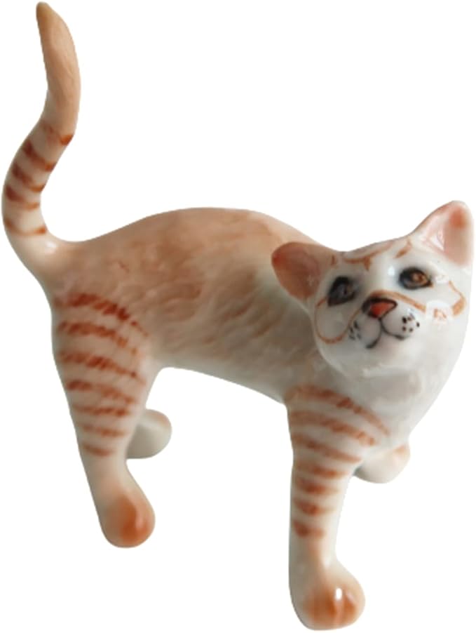 Cat Porcelain Figurine Ceramic Stretching Kitten Small Pet Kitty Collectible Miniature Dollhouse Hand Painted Animal Interested Feeling Gift Decor Calico Brown Tabby, 2.5 x 1 x 2 in (W-L-H)