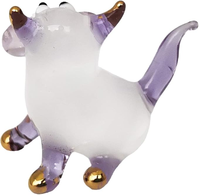 Tiny 1½" White Purple Sitting Look Right Cat Figurine Miniature Hand Blown Glass Cats Kitten Feline Animals Cute Colorful Crystal Decorative Collectible Figurines Décor Gifts