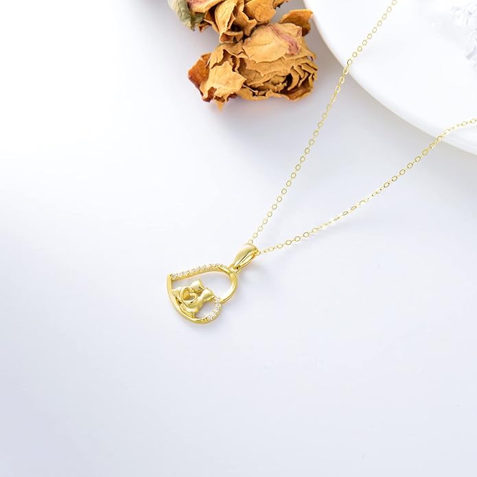 Cat Necklace for Women 14K Solid Gold Cat Lover Gift Eternal Love Heart Necklace for Wife and Mom