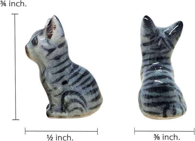 WitnyStore Tiny 3⁄4 Inch High Gray Tabby Shorthair Cat Sitting Tilt Head Figurine - Miniature Hand Made Painted Ceramic Cats Kitten Animal Cute Porcelain Decorative Collectible Figures Décor Gifts