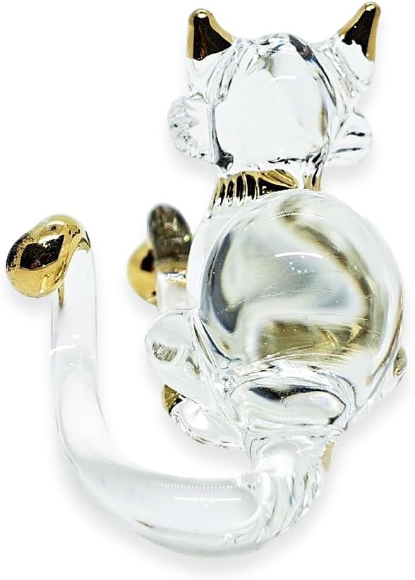 Tiny 2" Clear Gold Crouching Play Ball Cat Figurine Miniature Hand Blown Painted Glass Cats Kitten Feline Animals Cute Crystal Decorative Collectible Figurines Décor Gifts