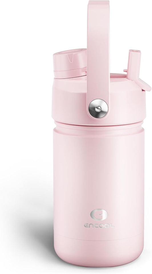 Kids Insualated Water Bottle with Straw - 12oz Stainless Steel Water Bottle with Dual Spouts, Leak-Proof, BPA-Free, Double Wall Vacuum Keeps Cold for 24 Hours for Sports, Travel, School (Cotton Candy)