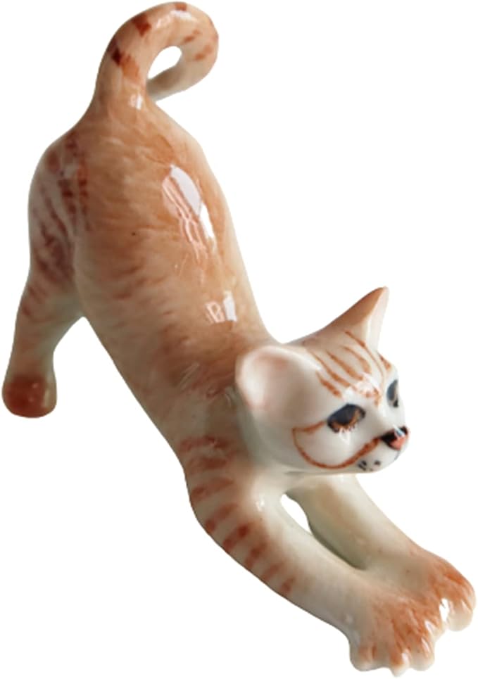 Ceramic Cat Figurine Porcelain Kitten Stretching Post Adorable Pet Kitty Collectible Miniature Hand Painted Animal Gift Decor Calico Brown Tabby