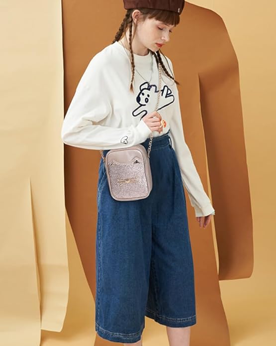 Cute Crossbody Purse for Teen Girls Sparkly Cat Purse and Small Crossbody Bags for Women Gift with Chain Strap